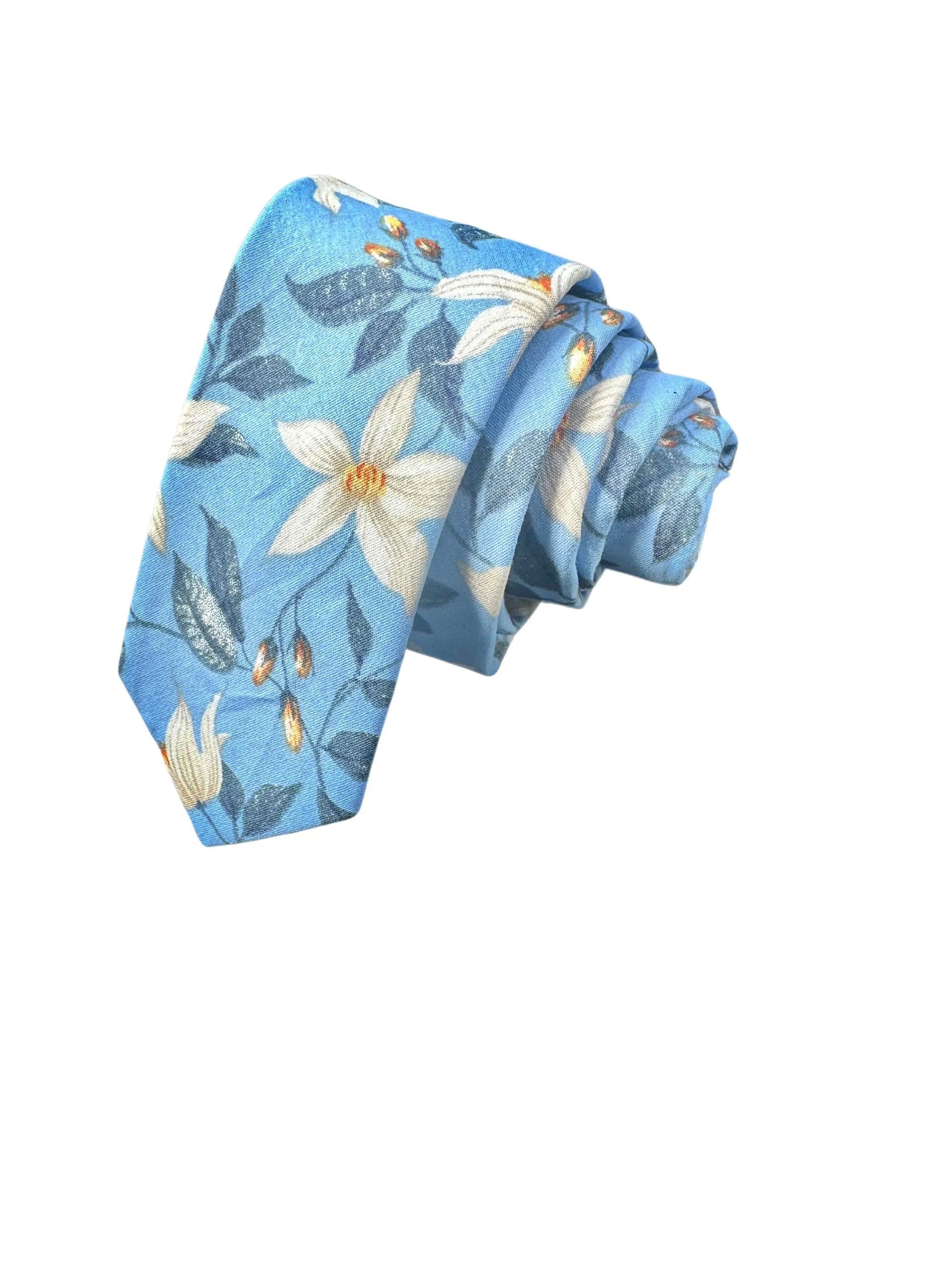 Blue Floral Skinny Tie (FREESIA) 2.36” Flowers