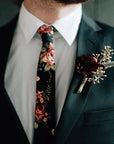 Black Floral Tie 2" Skinny Tie (JAMES) MYTIESHOP | Black Burgundy-Neckties-JAMES Black Floral Skinny Tie for weddings and fancy events. Elopements wedding shoots. Flower ties, floral print ties. Excellent for groom-Mytieshop. Skinny ties for weddings anniversaries. Father of bride. Groomsmen. Cool skinny neckties for men. Neckwear for prom, missions and fancy events. Gift ideas for men. Anniversaries ideas. Wedding aesthetics. Flower ties. Dry flower ties.