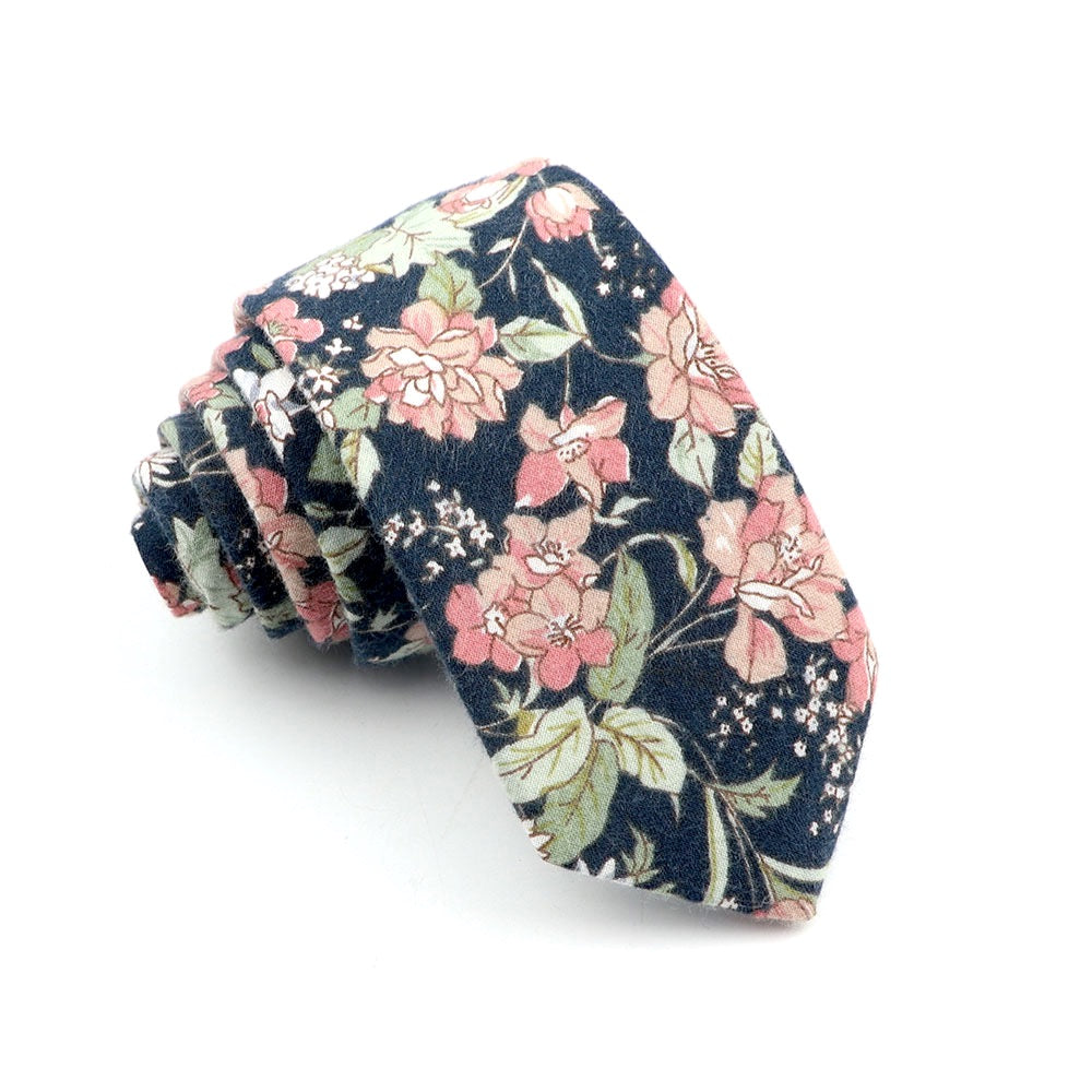 Blue Floral Skinny Tie 2.36” ASPEN - MYTIESHOP-Neckties-Blue Floral Skinny Tie with green and pink flowers. Floral print neckties for weddings and groomsmen attire. Wedding ties, skinny ties. Blue skinny tie.-Mytieshop. Skinny ties for weddings anniversaries. Father of bride. Groomsmen. Cool skinny neckties for men. Neckwear for prom, missions and fancy events. Gift ideas for men. Anniversaries ideas. Wedding aesthetics. Flower ties. Dry flower ties.