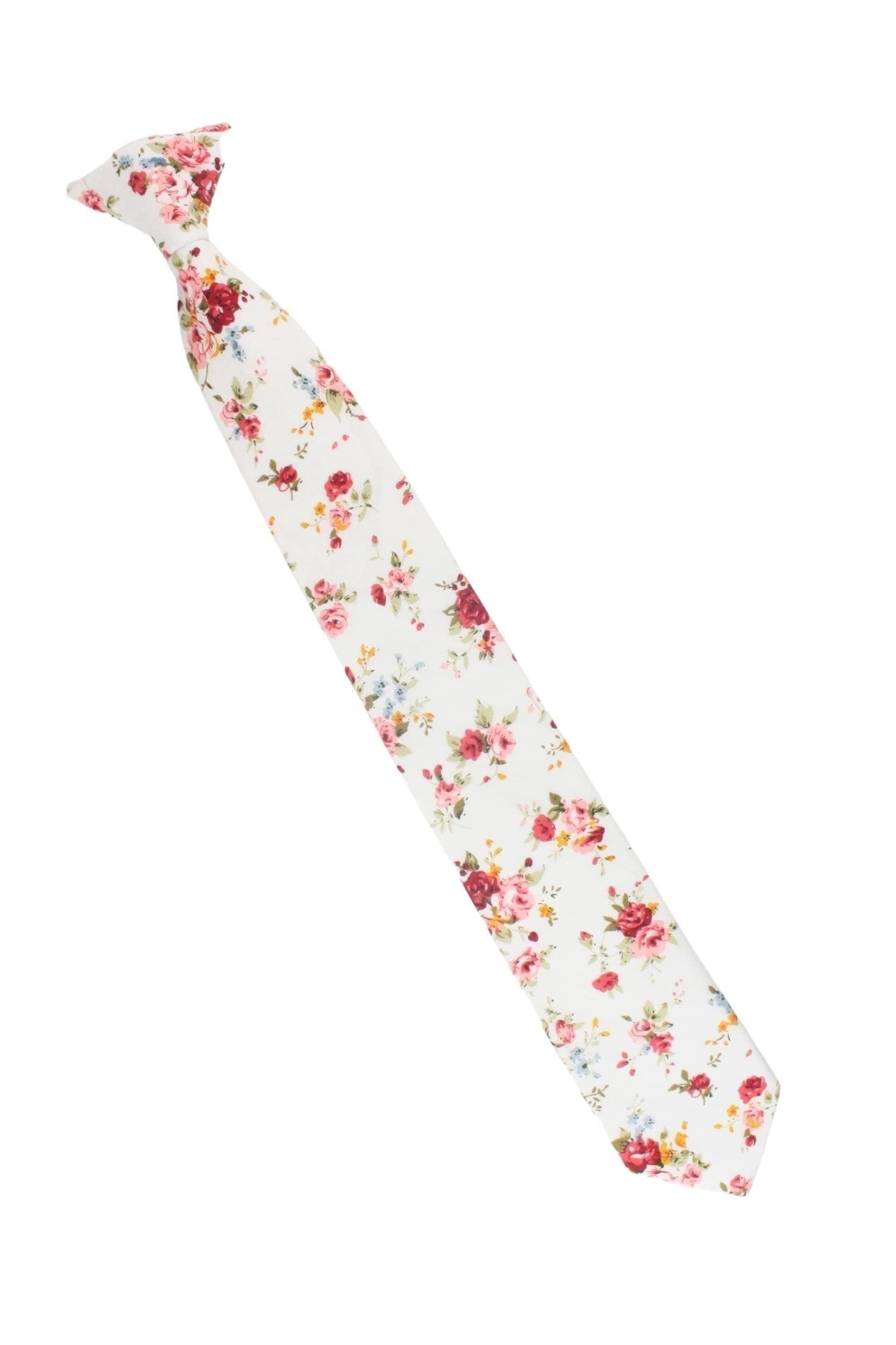 Boys White and Pink Floral Clip On Tie BENJAMIN MYTIESHOP-Boys White and Pink Floral Clip On Tie Material:Cotton Blend Approx Size: Max width: 6.5 cm / 2.4 inches 9-24 months 26 CM2-5 years 31 CM9-11 Years 43 CM Base Color: White Great for: Ring Bearers Weddings Photos-Mytieshop