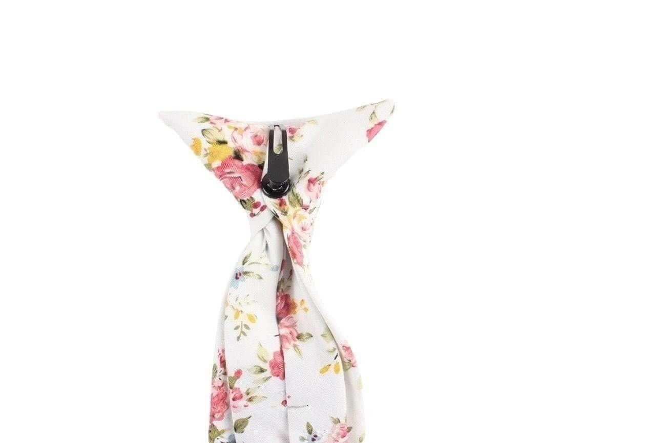 Boys White and Pink Floral Clip On Tie BENJAMIN MYTIESHOP-Boys White and Pink Floral Clip On Tie Material:Cotton Blend Approx Size: Max width: 6.5 cm / 2.4 inches 9-24 months 26 CM2-5 years 31 CM9-11 Years 43 CM Base Color: White Great for: Ring Bearers Weddings Photos-Mytieshop