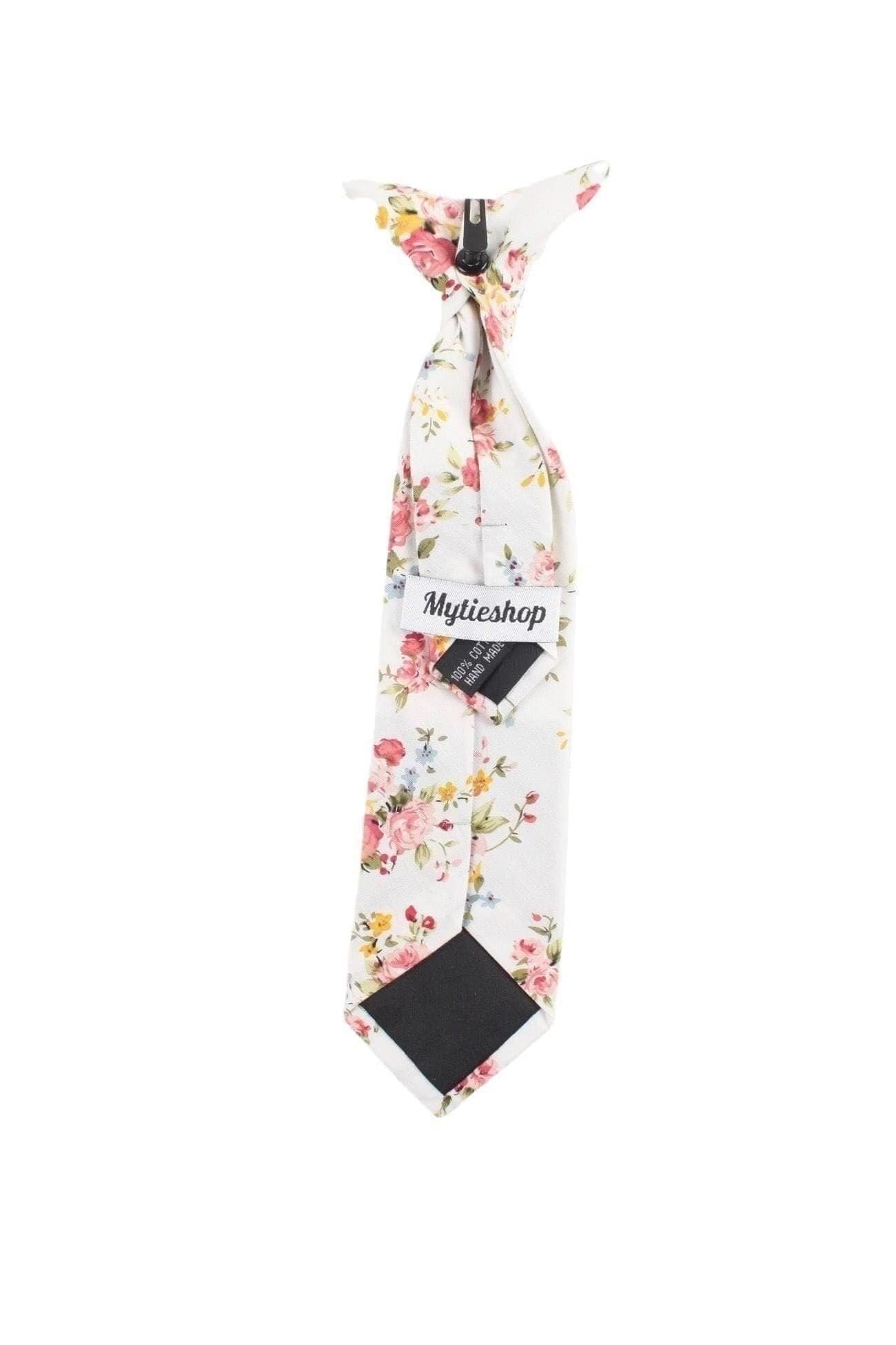 Boys White and Pink Floral Clip On Tie BENJAMIN MYTIESHOP-Boys White and Pink Floral Clip On Tie Material:Cotton Blend Approx Size: Max width: 6.5 cm / 2.4 inches 9-24 months 26 CM2-5 years 31 CM9-11 Years 43 CM Base Color: White Great for: Ring Bearers Weddings Photos-Mytieshop