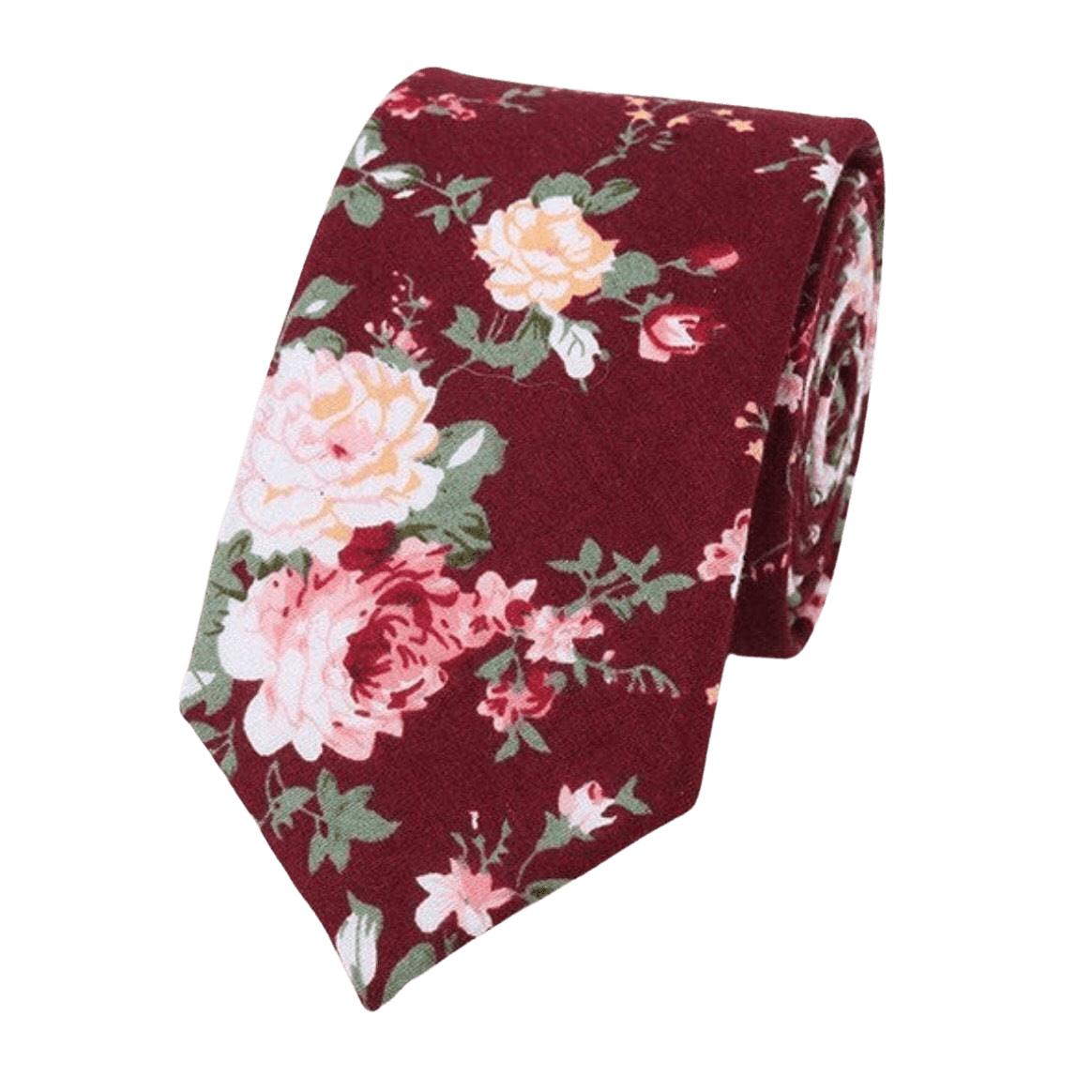 Burgundy Floral Tie for Weddings and Groom WESLEY MYTIESHOP-Neckties-Burgundy Floral Skinny Tie WESLEY wedding and events. Burgundy Base with Green and pink Flowers. great for the groom and his groomsmen. Prom elopements-Mytieshop. Skinny ties for weddings anniversaries. Father of bride. Groomsmen. Cool skinny neckties for men. Neckwear for prom, missions and fancy events. Gift ideas for men. Anniversaries ideas. Wedding aesthetics. Flower ties. Dry flower ties.