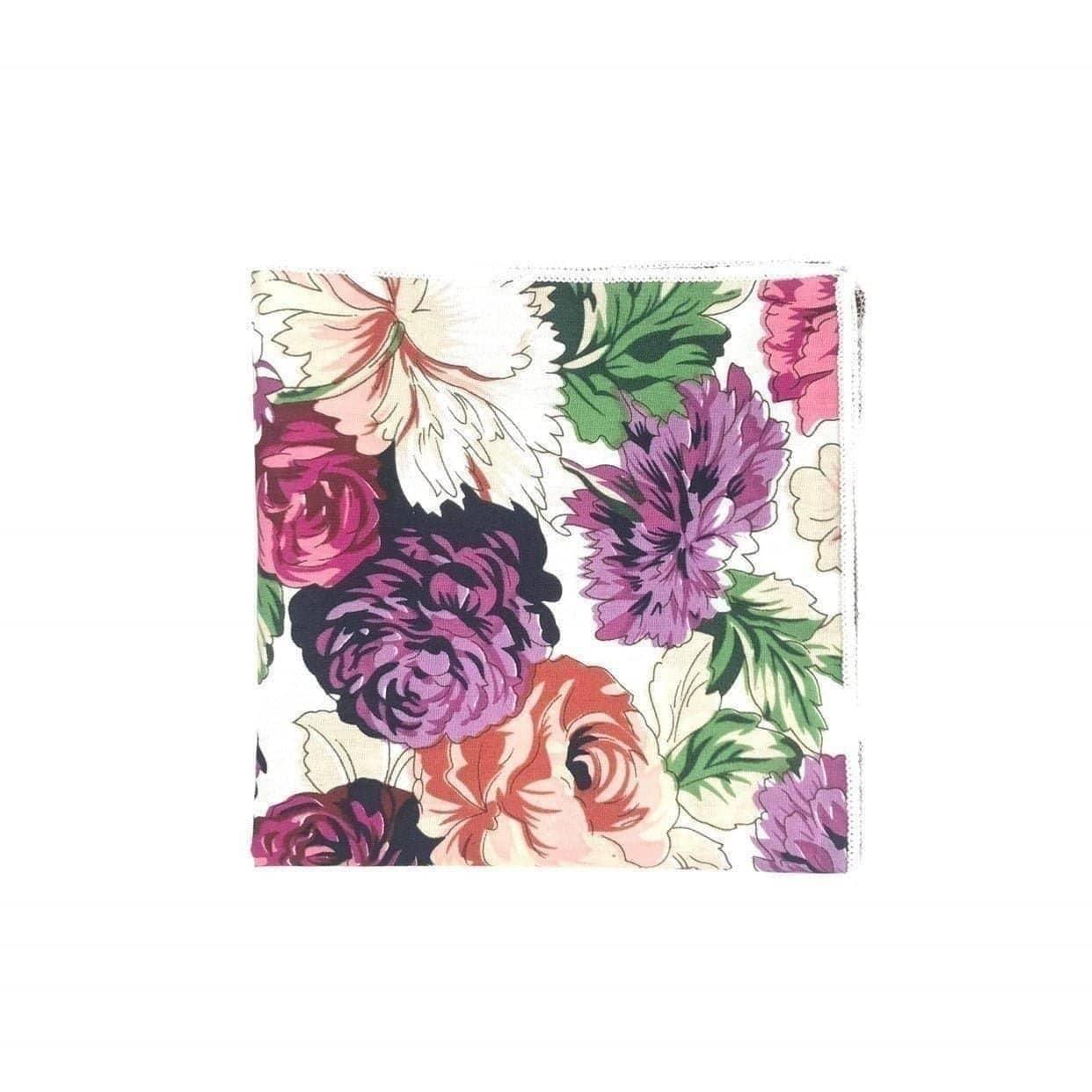 Floral Pocket Square CLEO - MYTIESHOP Mytieshop Floral Pocket square colorful Base is White, with Purple, Red, greens, oranges, terracotta Material CottonItem Length: 23 cm ( 9 inches)Item Width : 22 cm (8.6 inches) A dashing addition to your wedding wardrobe. This CLEO White floral pocket square is perfect for any dapper groom or groomsmen. A versatile piece, it can be dressed up or down to perfectly match your look. With its timeless style, this pocket square is a must-have for your big day. M