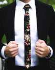 JAKE Floral Skinny Tie 2" (Linen) Black Floral Tie Mytieshop-Neckties-Black Floral tie for weddings and groomsmen groom. Black and pink floral print necktie skinny ties for men Linen tie. Flower ties ties burgundy floral print-Mytieshop. Skinny ties for weddings anniversaries. Father of bride. Groomsmen. Cool skinny neckties for men. Neckwear for prom, missions and fancy events. Gift ideas for men. Anniversaries ideas. Wedding aesthetics. Flower ties. Dry flower ties.