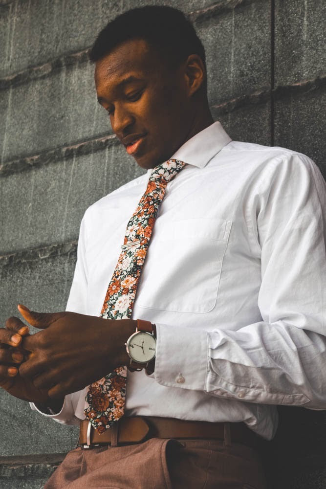 Orange Floral Tie Skinny 2.36" PEACH - MYTIESHOP-Neckties-Peach tie orange tie green orange floral tie green fall wedding skinny ties for men groomsmen groom prom missions. Orange Floral tie for wedding and men-Mytieshop. Skinny ties for weddings anniversaries. Father of bride. Groomsmen. Cool skinny neckties for men. Neckwear for prom, missions and fancy events. Gift ideas for men. Anniversaries ideas. Wedding aesthetics. Flower ties. Dry flower ties.