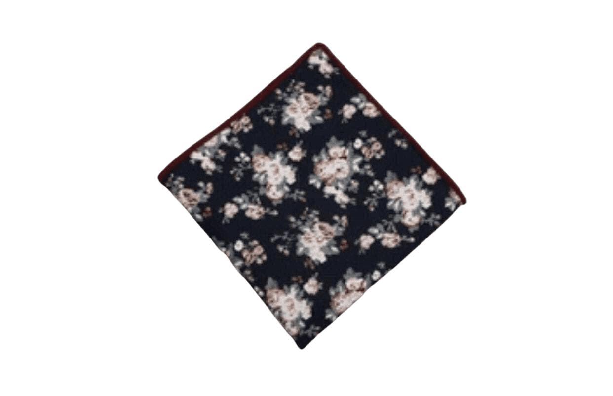 Navy Floral Pocket Square FINLEY - MYTIESHOP | Blue Floral print pocket square Mytieshop Navy Floral Pocket Square Material CottonItem Length: 23 cm ( 9 inches)Item Width : 22 cm (8.6 inches) Base Color: Navy Great for: Groom Groomsmen Wedding Shoots Formal Prom Fancy Parties Gifts and presents