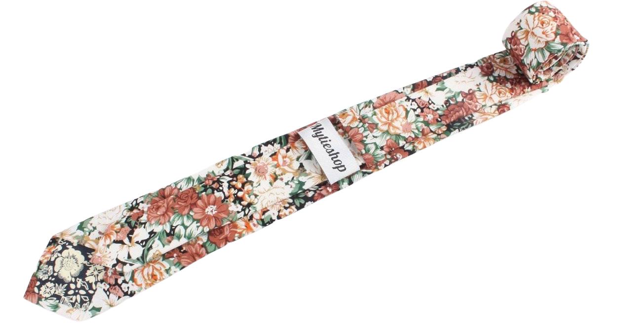 Orange Floral Tie Skinny 2.36" PEACH - MYTIESHOP-Neckties-Peach tie orange tie green orange floral tie green fall wedding skinny ties for men groomsmen groom prom missions. Orange Floral tie for wedding and men-Mytieshop. Skinny ties for weddings anniversaries. Father of bride. Groomsmen. Cool skinny neckties for men. Neckwear for prom, missions and fancy events. Gift ideas for men. Anniversaries ideas. Wedding aesthetics. Flower ties. Dry flower ties.