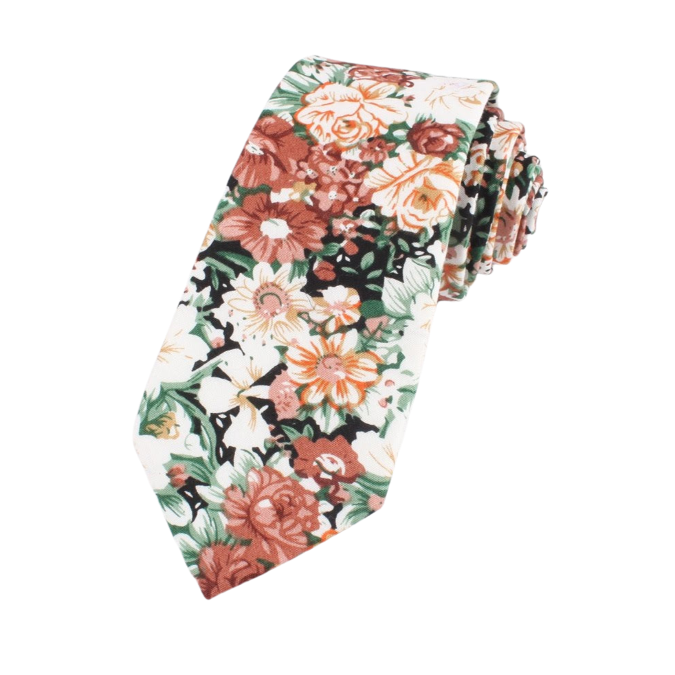 Orange Floral Tie Skinny 2.36&quot; PEACH - MYTIESHOP-Neckties-Peach tie orange tie green orange floral tie green fall wedding skinny ties for men groomsmen groom prom missions. Orange Floral tie for wedding and men-Mytieshop. Skinny ties for weddings anniversaries. Father of bride. Groomsmen. Cool skinny neckties for men. Neckwear for prom, missions and fancy events. Gift ideas for men. Anniversaries ideas. Wedding aesthetics. Flower ties. Dry flower ties.