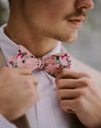 Pink Floral Bow Tie Self Tie MILLIE MYTIESHOP-You'll be the best dressed groom and groomsmen with this pink salmon bow tie. A must-have for the groomsmen, this pink salmon bow tie is perfect for any formal occasion. With its light pink and green floral print, this bow tie is sure to add personality to any outfit. Get ready to tie the knot in style with this self-tie bow tie.-Mytieshop