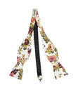 White Floral Bow Tie Self Tie IADA-White Floral Bow Tie Self Tie 100% Cotton Flannel Handmade Adjustable to fit most neck sizes 13 3/4" - 18" Color: White White floral Self tie Bow tie with pink, burgundy, red and green flowers. Great for the groom and groomsmen to wear for the weddings. Floral Self tie bow tie for weddings and events. Great anniversary present and gift. Also great gift for the groom and his groomsmen to wear at the wedding. Great for Prom Dinners Interviews Photo shoots Photo s