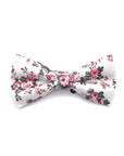 White Floral Bow Tie with Pink Flowers for Men (ABDIEL)-White Floral Bow Tie (Pre-tied) 100% Cotton Flannel Handmade Adjustable to fit most neck sizes 13 3/4" - 18" Color: White Great for Prom Dinners Interviews Photo shoots Photo sessions Dates Groom to stand out between his Groomsmen pair them up with neckties while he wears the Floral bow tie. Floral bow tie for weddings and events. Great anniversary present and gift. Also great gift for the groom and his groomsmen to wear at the wedding, and