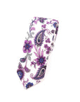 White floral print tie 2.36" WINSTON - MYTIESHOP-Neckties-White floral print tie with purple flowers print for wedding groom groomsmen. Neckties for men, prom formals missions floral ties. dope ties designs.-Mytieshop. Skinny ties for weddings anniversaries. Father of bride. Groomsmen. Cool skinny neckties for men. Neckwear for prom, missions and fancy events. Gift ideas for men. Anniversaries ideas. Wedding aesthetics. Flower ties. Dry flower ties.