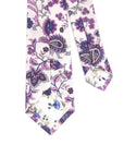 White floral print tie 2.36" WINSTON - MYTIESHOP-Neckties-White floral print tie with purple flowers print for wedding groom groomsmen. Neckties for men, prom formals missions floral ties. dope ties designs.-Mytieshop. Skinny ties for weddings anniversaries. Father of bride. Groomsmen. Cool skinny neckties for men. Neckwear for prom, missions and fancy events. Gift ideas for men. Anniversaries ideas. Wedding aesthetics. Flower ties. Dry flower ties.
