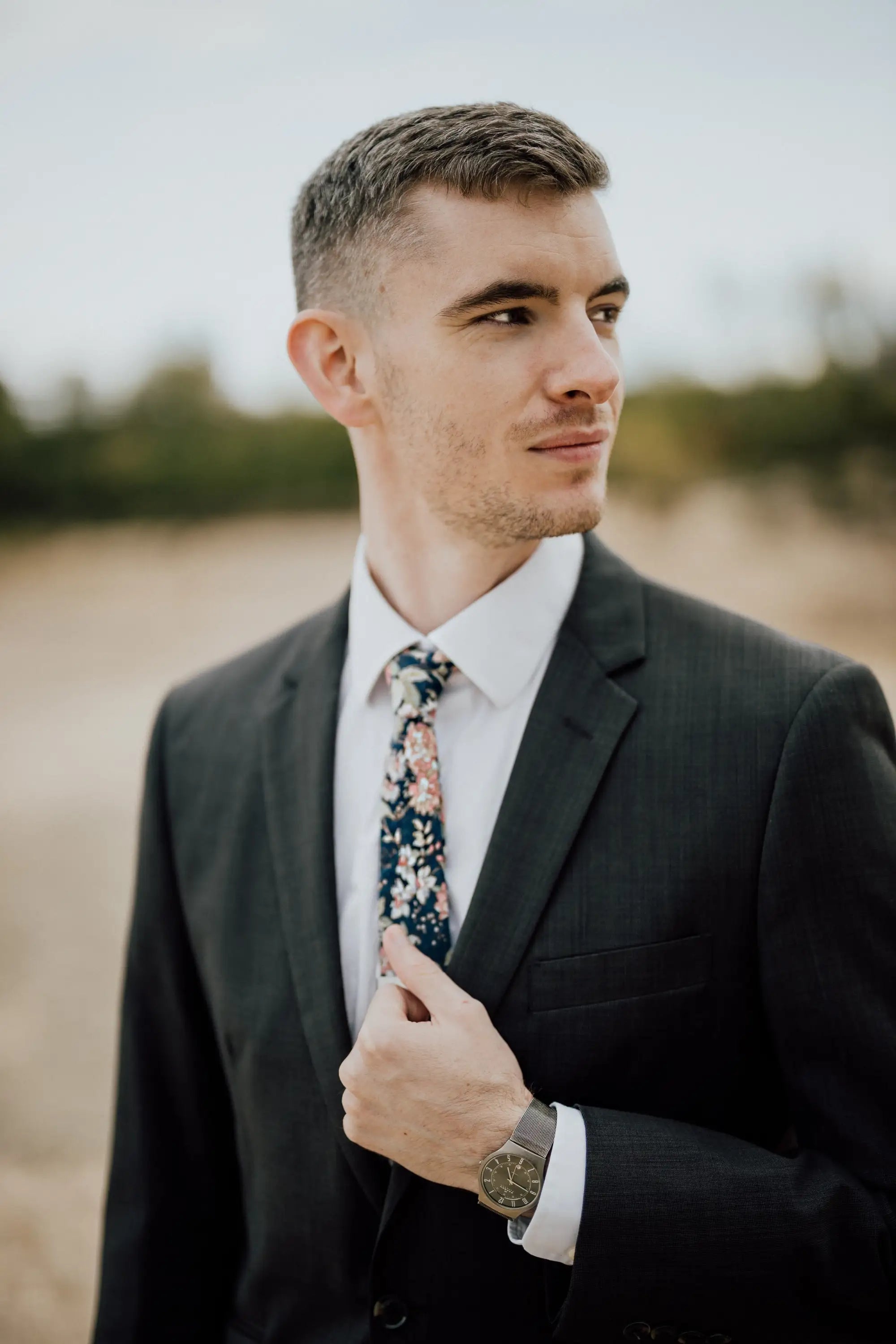 Blue Floral Skinny Tie 2.36” ASPEN - MYTIESHOP-Neckties-Blue Floral Skinny Tie with green and pink flowers. Floral print neckties for weddings and groomsmen attire. Wedding ties, skinny ties. Blue skinny tie.-Mytieshop. Skinny ties for weddings anniversaries. Father of bride. Groomsmen. Cool skinny neckties for men. Neckwear for prom, missions and fancy events. Gift ideas for men. Anniversaries ideas. Wedding aesthetics. Flower ties. Dry flower ties.