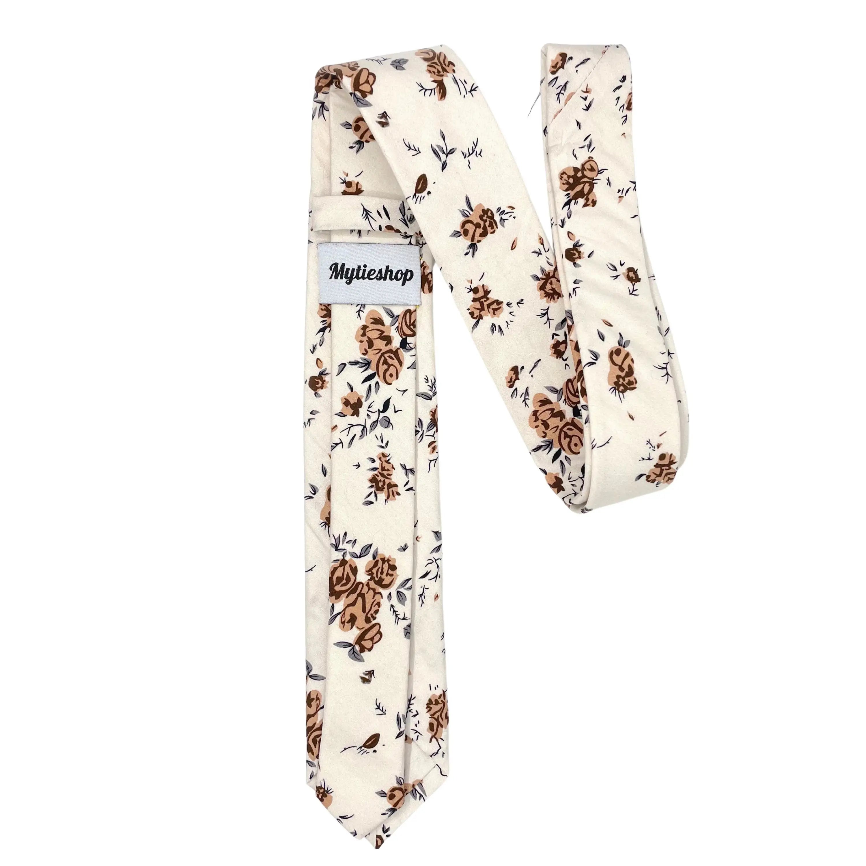 Beige Floral Tie Skinny 2.36” (ERIC) - MYTIESHOP-Neckties-Beige floral tie skinny with brown flowers. Brown floral print neckties for wedding and groom. Anniversary gift ideas for spring weddings. ties in beige-Mytieshop. Skinny ties for weddings anniversaries. Father of bride. Groomsmen. Cool skinny neckties for men. Neckwear for prom, missions and fancy events. Gift ideas for men. Anniversaries ideas. Wedding aesthetics. Flower ties. Dry flower ties.