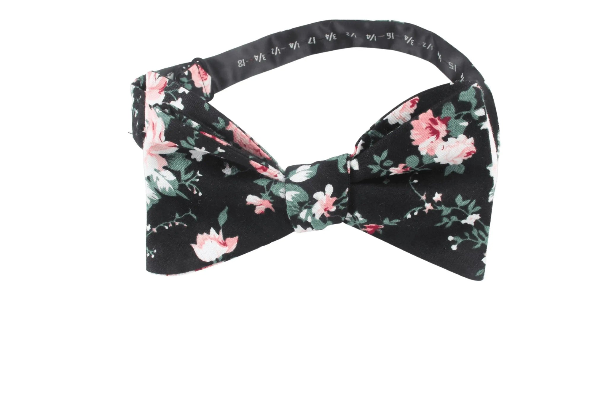 Black Floral Bow Tie Self Tie - DAN - MYTIESHOP-Black Floral Bow Tie Self Tie 100% Cotton Flannel Handmade Adjustable to fit most neck sizes 13 3/4&quot; - 18&quot; Color: Black Bow Tie Great for Prom Dinners Interviews Photo shoots Photo sessions Dates Groom to stand out between his Groomsmen pair them up with neckties while he wears the bow tie. Floral self tie bow tie for weddings and events. Great anniversary present and gift. Also great gift for the groom and his groomsmen to wear at the wedding, and