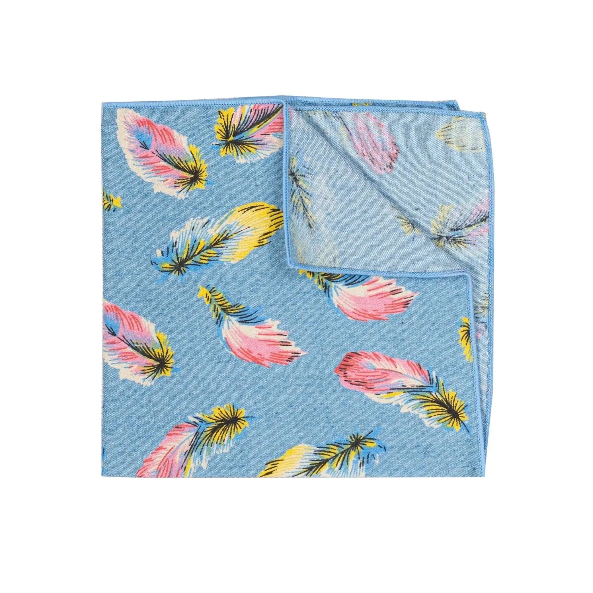 Blue Floral Pocket Square SOPHIE - MYTIESHOP Feather print Mytieshop Blue Floral Pocket Square Color: BlueMaterial CottonItem Length: 23 cm ( 9 inches)Item Width : 22 cm (8.6 inches) Dapper up your look with this colorful pocket square. This sweet pocket square is perfect for dressing up any outfit. With a blue, pink and yellow feather print, it will add some personality to your attire. This pocket square is a must-have for any man who wants to look stylish. Cotton pocket square for weddings and