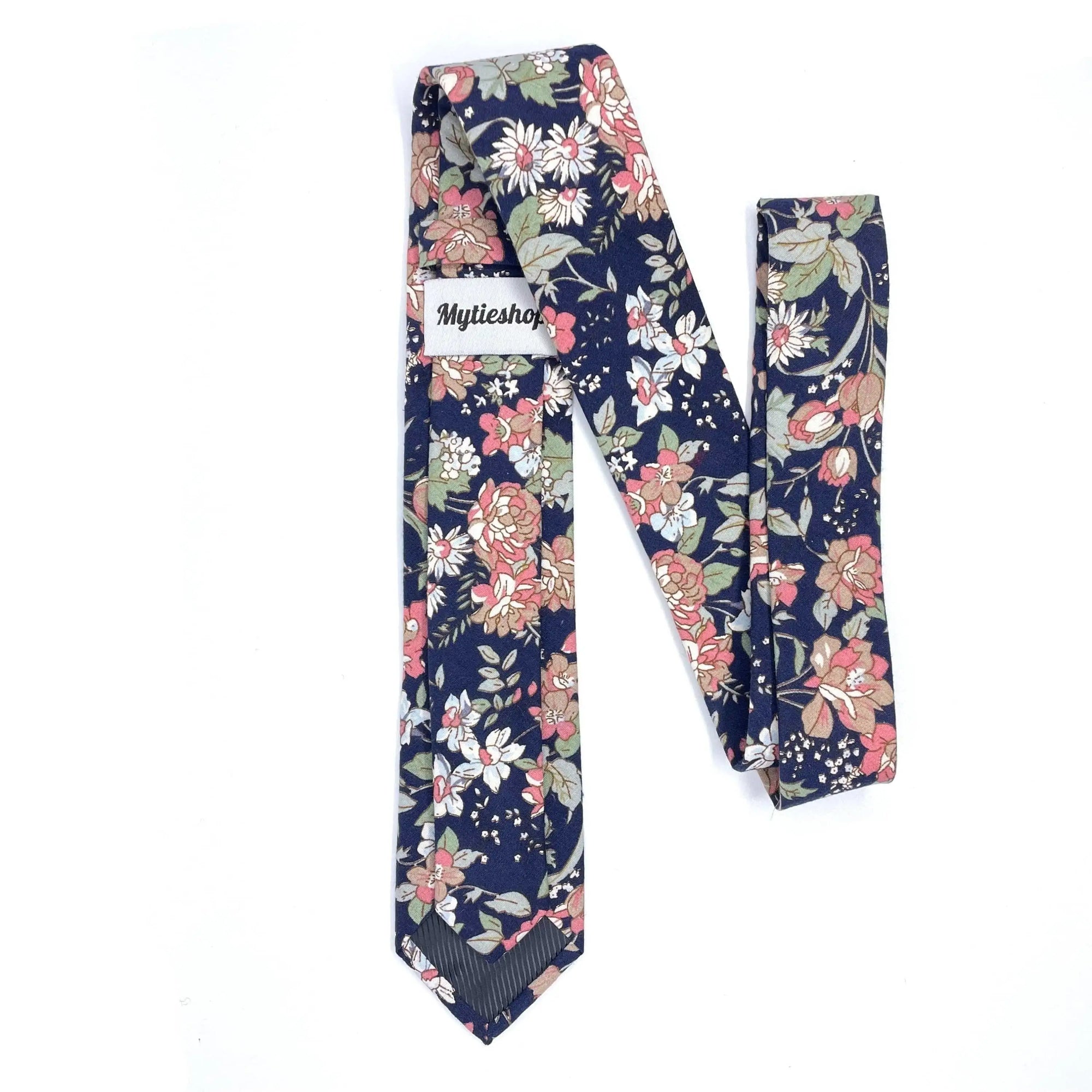 Blue Floral Skinny Tie 2.36” ASPEN - MYTIESHOP-Neckties-Blue Floral Skinny Tie with green and pink flowers. Floral print neckties for weddings and groomsmen attire. Wedding ties, skinny ties. Blue skinny tie.-Mytieshop. Skinny ties for weddings anniversaries. Father of bride. Groomsmen. Cool skinny neckties for men. Neckwear for prom, missions and fancy events. Gift ideas for men. Anniversaries ideas. Wedding aesthetics. Flower ties. Dry flower ties.