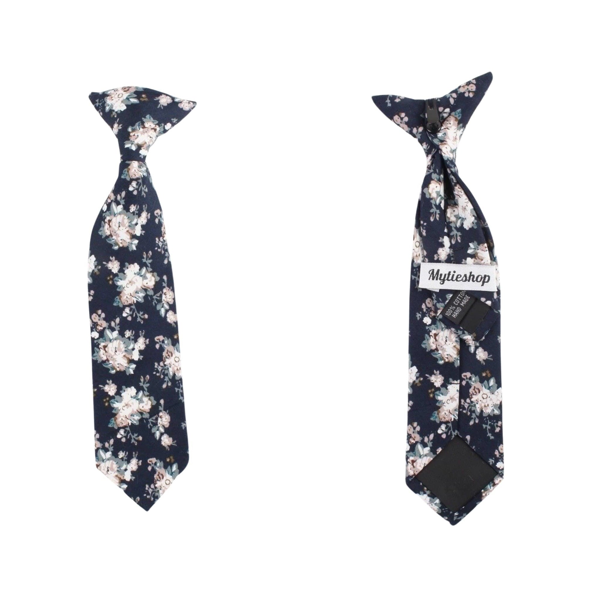 Boys Navy Floral Skinny Tie 2.3&quot; by Mytieshop - FINLEY-Boys Navy Floral Skinny Tie Material:Cotton Blend Approx Size: Max width: 6.5 cm / 2.4 inches 9-24 months 26 CM2-5 years 31 CM9-11 Years 43 CM Base Color: Navy Blue-Mytieshop