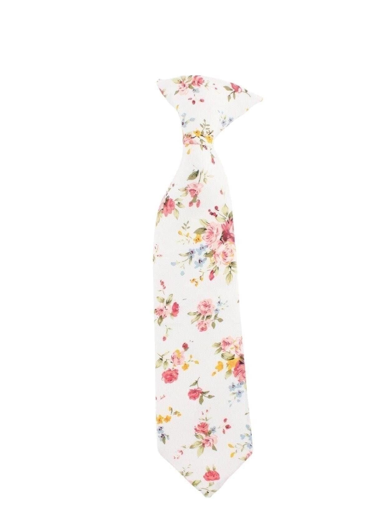 Boys White and Pink Floral Clip On Tie BENJAMIN MYTIESHOP-Boys White and Pink Floral Clip On Tie Material:Cotton Blend Approx Size: Max width: 6.5 cm / 2.4 inches 9-24 months 26 CM2-5 years 31 CM9-11 Years 43 CM Base Color: White Great for: Ring Bearers Weddings Photos-Mytieshop