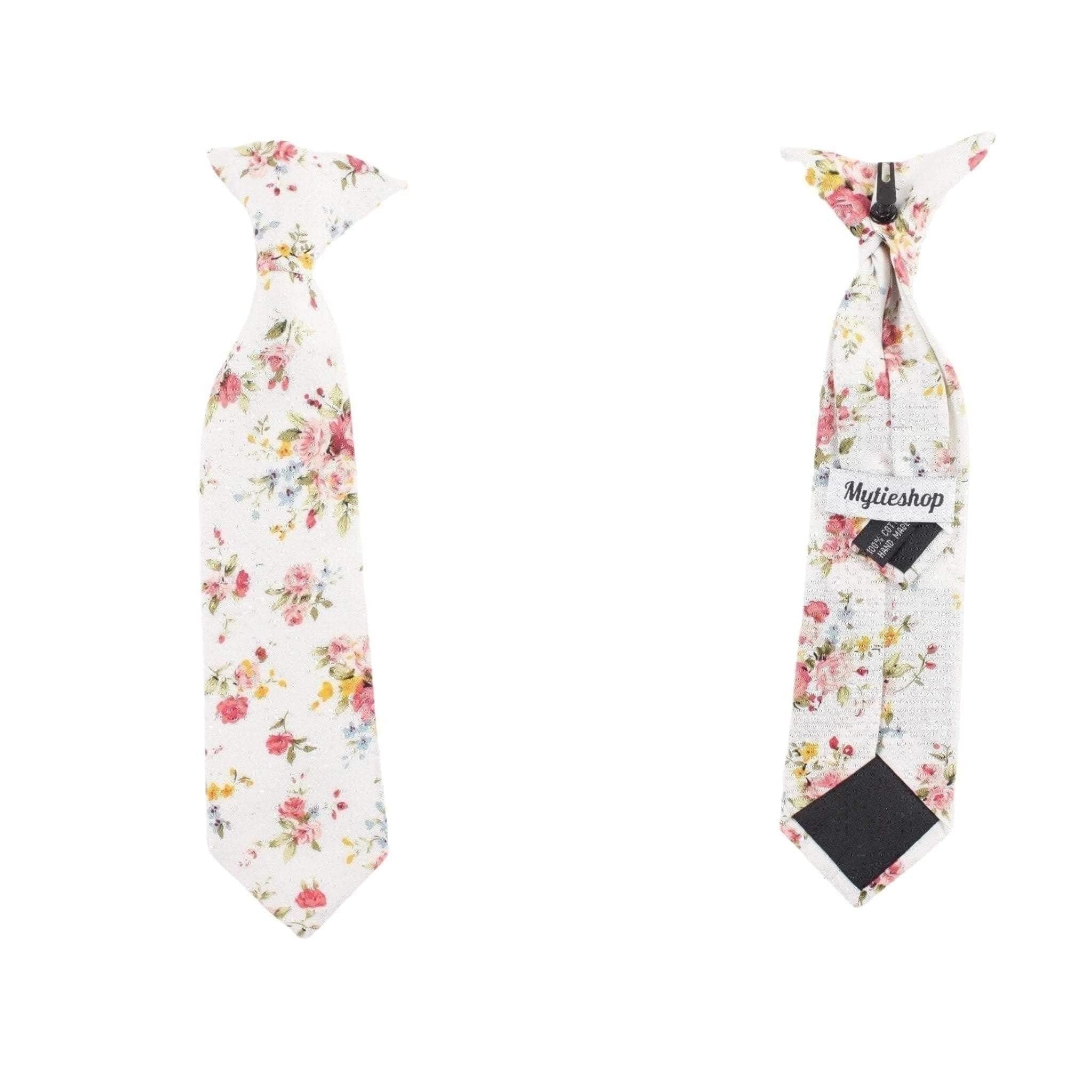 Boys White and Pink Floral Clip On Tie BENJAMIN MYTIESHOP-Boys White and Pink Floral Clip On Tie Material:Cotton Blend Approx Size: Max width: 6.5 cm / 2.4 inches 9-24 months 26 CM2-5 years 31 CM9-11 Years 43 CM Base Color: White Great for: Ring Bearers Weddings Photos-Mytieshop