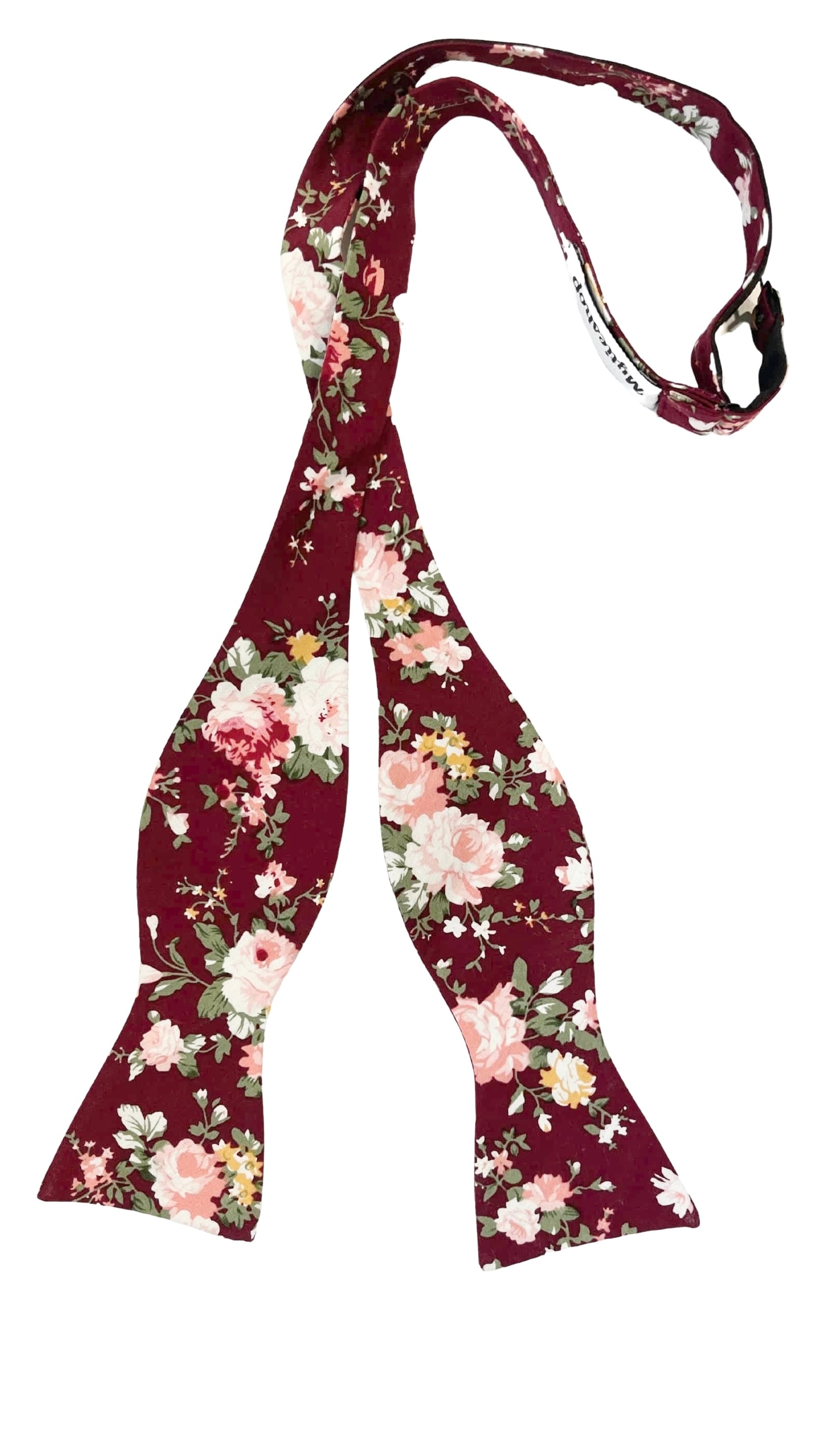 Burgundy Floral Bow Tie Self Tie WESLEY - MYTIESHOP-Burgundy Floral Bow Tie Self Tie 100% Cotton Flannel Handmade Adjustable to fit most neck sizes 13 3/4&quot; - 18&quot; Color: Burgundy Be the best-dressed man in the room with this WESLEY Bow Tie in Burgundy. Mytieshop&#39;s bow ties are perfect for any formal occasion. Whether you&#39;re the groom at your own wedding or attending a friend&#39;s big day, this bow tie will have you looking your sharpest. The Burgundy hue is perfect for the fall and winter months, an