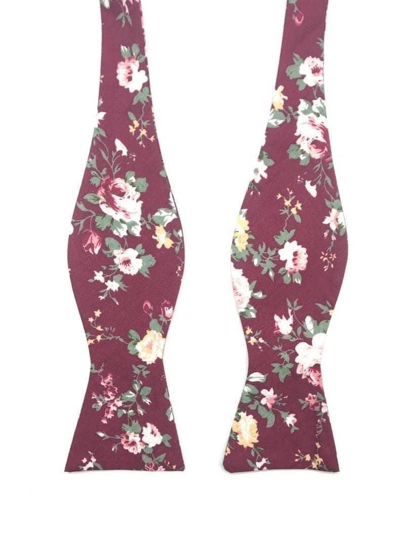 Burgundy Floral Bow Tie Self Tie WESLEY - MYTIESHOP-Burgundy Floral Bow Tie Self Tie 100% Cotton Flannel Handmade Adjustable to fit most neck sizes 13 3/4&quot; - 18&quot; Color: Burgundy Be the best-dressed man in the room with this WESLEY Bow Tie in Burgundy. Mytieshop&#39;s bow ties are perfect for any formal occasion. Whether you&#39;re the groom at your own wedding or attending a friend&#39;s big day, this bow tie will have you looking your sharpest. The Burgundy hue is perfect for the fall and winter months, an