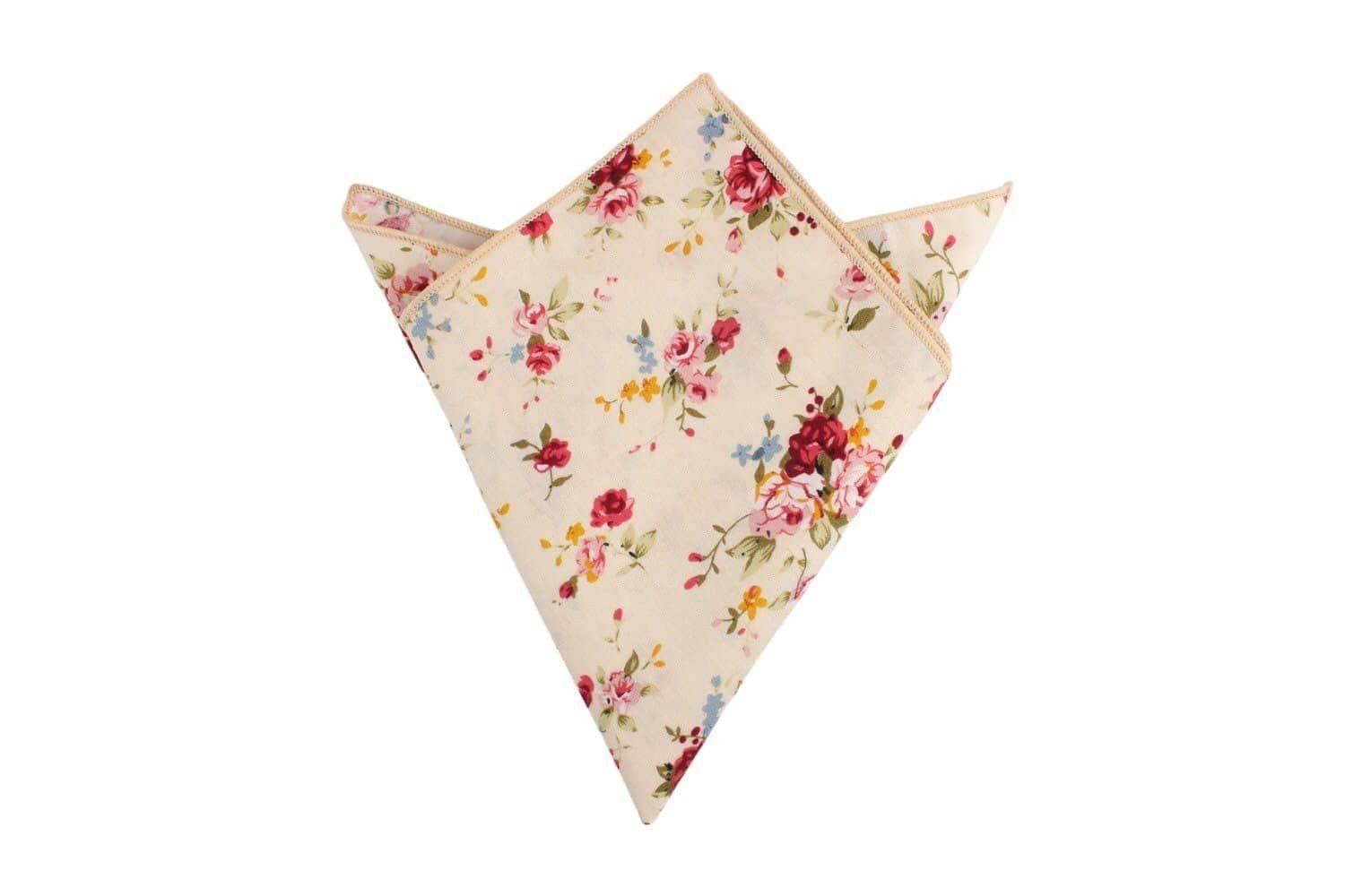 Cream Floral Pocket Square JONAH Mytieshop Cream Floral Pocket SquareMaterial CottonItem Length: 23 cm ( 9 inches)Item Width : 22 cm (8.6 inches) A dashing way to top off your tuxedo. This floral pocket square is the perfect finishing touch to your wedding day ensemble. With its soft cream color and intricate floral print, it&#39;s sure to make a statement. Add a touch of personality to your look with this dashing pocket square. It&#39;s sure to make you feel like the best dressed man in the room.