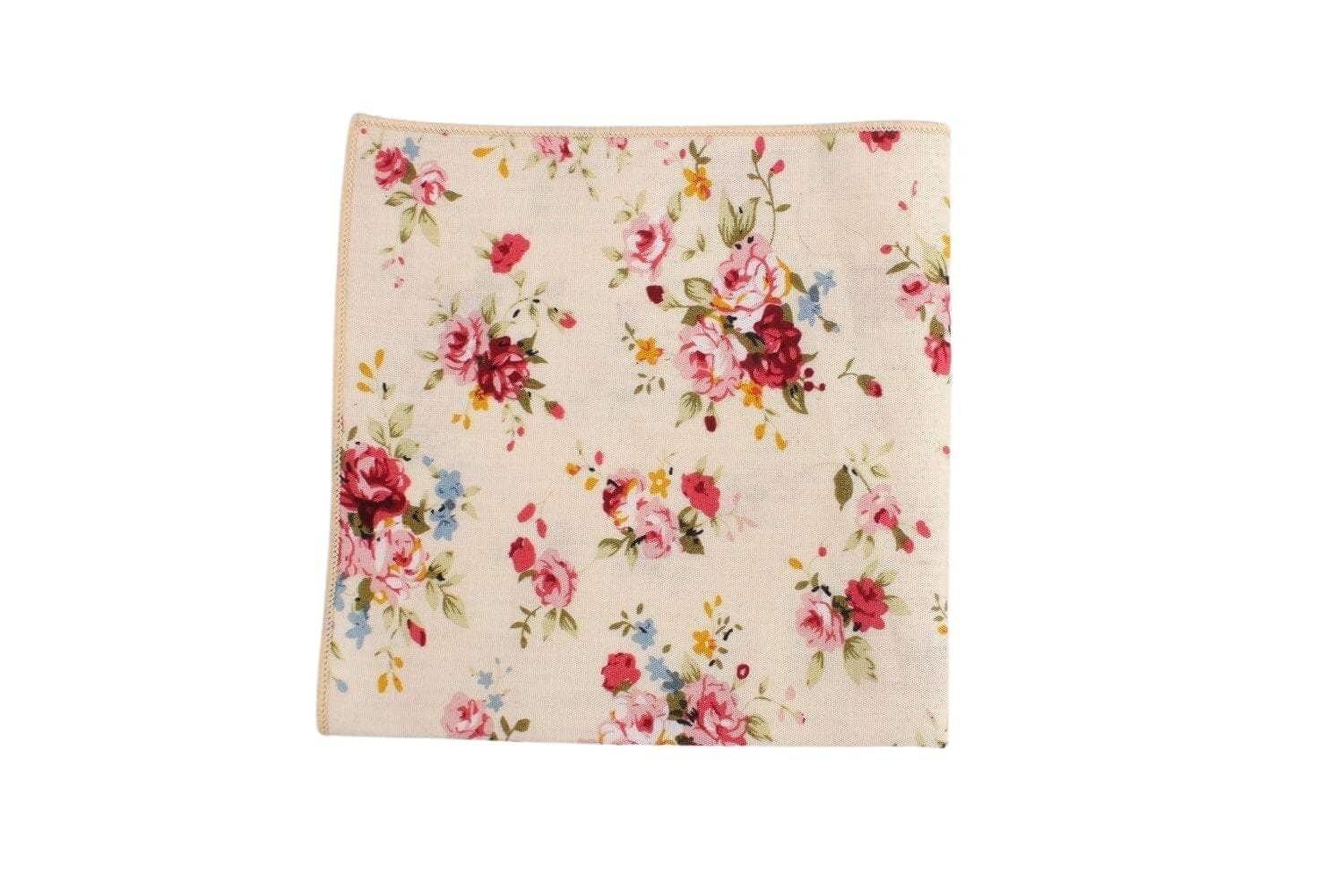 Cream Floral Pocket Square JONAH Mytieshop Cream Floral Pocket SquareMaterial CottonItem Length: 23 cm ( 9 inches)Item Width : 22 cm (8.6 inches) A dashing way to top off your tuxedo. This floral pocket square is the perfect finishing touch to your wedding day ensemble. With its soft cream color and intricate floral print, it&#39;s sure to make a statement. Add a touch of personality to your look with this dashing pocket square. It&#39;s sure to make you feel like the best dressed man in the room.