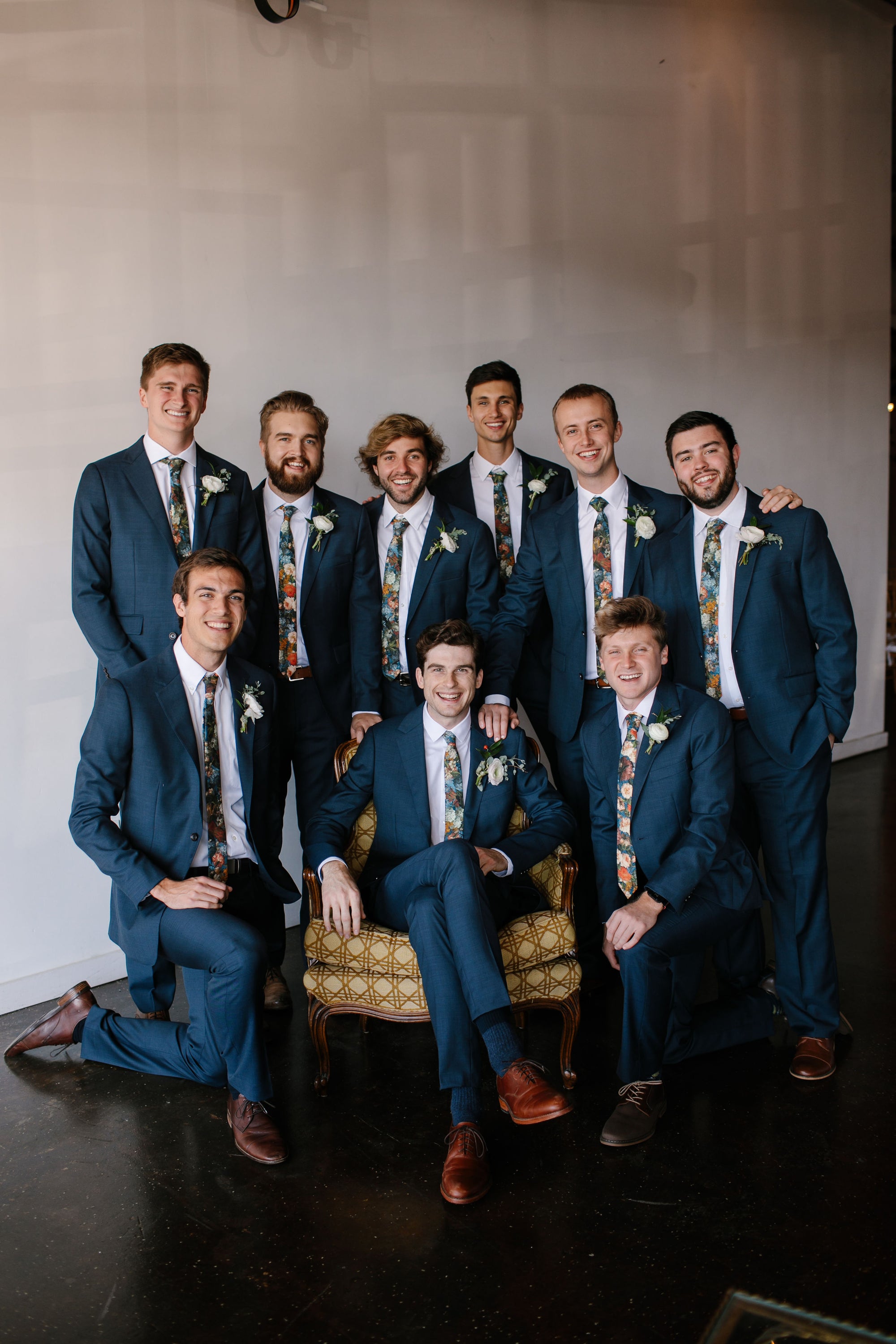 Floral ties for groom and groomsmen. Blue floral tie for weddings.