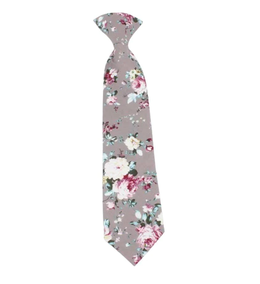 Gray Boys Floral Clip On Tie 2.3 SANDY-Gray Boys Floral Clip On Tie Material:Cotton Blend Approx Size: Max width: 6.5 cm / 2.4 inches 9-24 months 26 CM2-5 years 31 CM9-11 Years 43 CM Have a young gentleman in your life that needs to dress to the nines? We've got just the thing. This SANDY Boys Floral Clip On Tie is perfect for those special occasions. Whether it's a wedding or family reunion, your little guy will be looking dapper as can be. Made with high-quality materials, this tie is sure to 