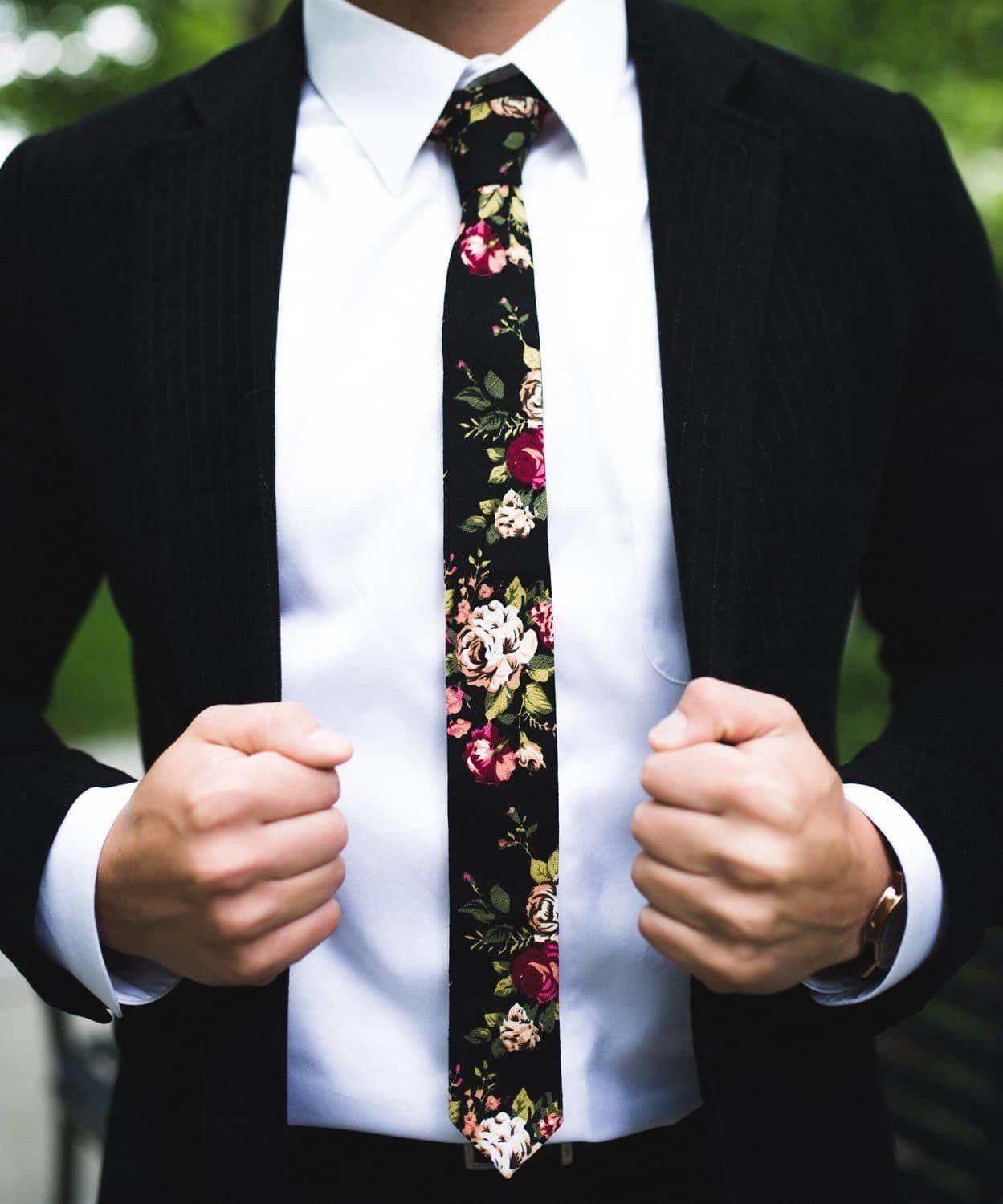JAKE Floral Skinny Tie 2&quot; (Linen) Black Floral Tie Mytieshop-Neckties-Black Floral tie for weddings and groomsmen groom. Black and pink floral print necktie skinny ties for men Linen tie. Flower ties ties burgundy floral print-Mytieshop. Skinny ties for weddings anniversaries. Father of bride. Groomsmen. Cool skinny neckties for men. Neckwear for prom, missions and fancy events. Gift ideas for men. Anniversaries ideas. Wedding aesthetics. Flower ties. Dry flower ties.