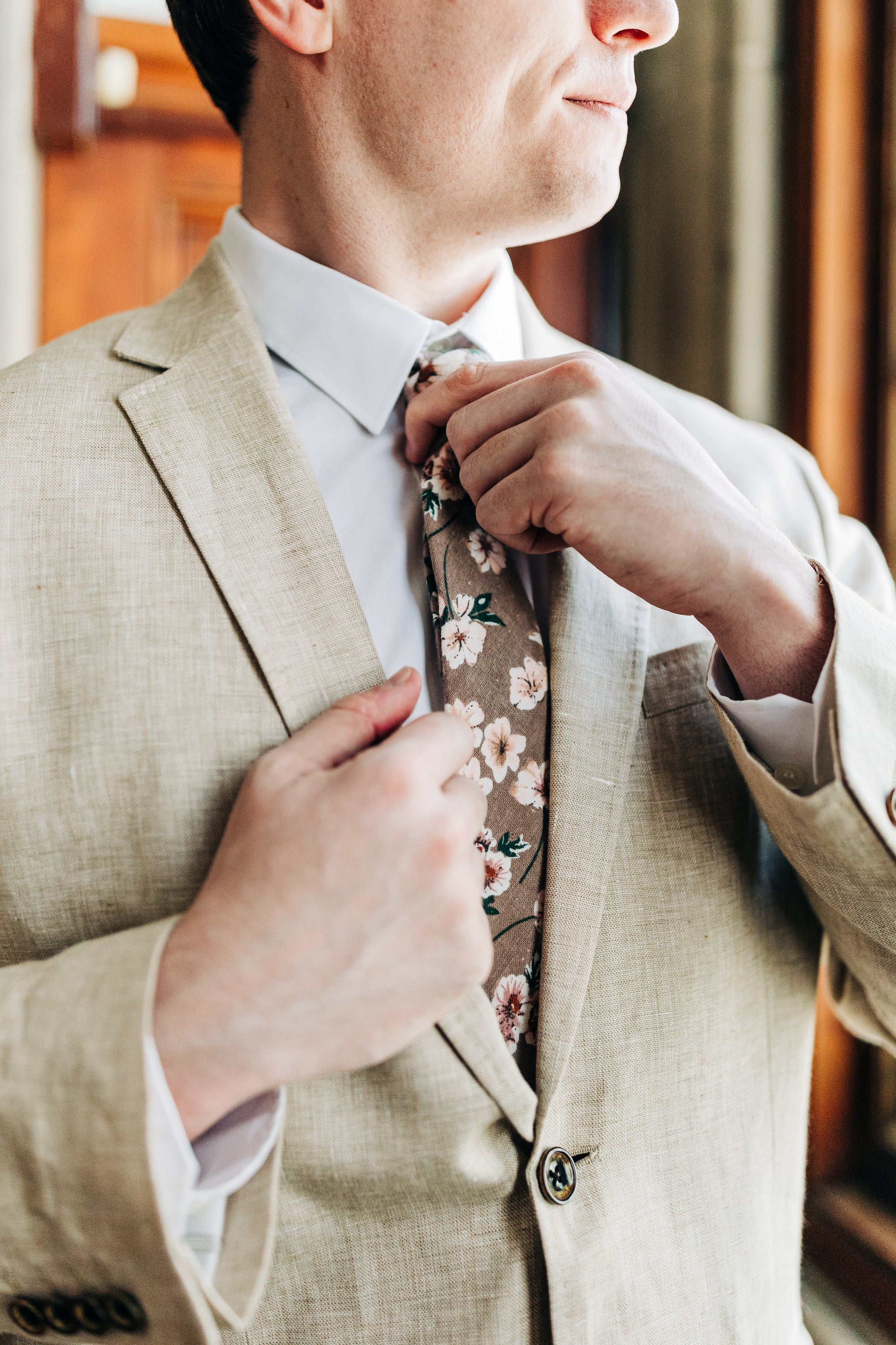 Taupe Floral Tie for with Green and Copper flowers - Mytieshop