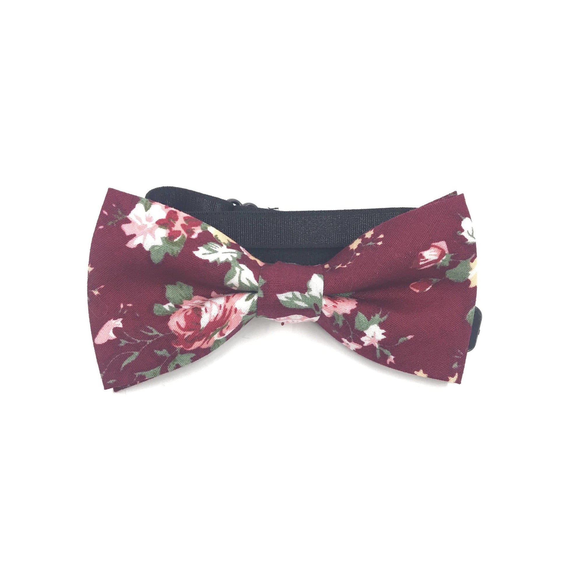 Kids Bow Tie Floral Pre-Tied Bow Tie WESLEY- MYTIESHOP-Floral Kid&#39;s bow tie - Wesley Strap is adjustablePre-Tied bowtieBow Tie 10.5 * 6CM Color: Burgundy Your little gentleman will look dapper in this burgundy floral bow tie. This pre-tied bow tie comes in a range of sizes to fit your child perfectly. The vibrant flowers against the dark background make this tie a stand-out piece. Add this bow tie to your child&#39;s wardrobe for a special occasions or even just to add a touch of refinement to their