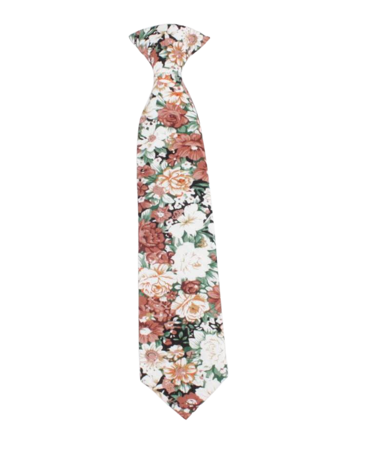Orange Boys Floral Clip On Tie 2.3 PEACH Mytieshop-Material:Cotton Blend Approx Size: Max width: 6.5 cm / 2.4 inches 9-24 months 26 CM2-5 years 31 CM9-11 Years 43 CM Great for ring bearers Best gift for 2 to 12 years old boys, cute and stylish. This beautiful orange tie has a floral design and will make any boy look sharp. It&#39;s perfect for a formal event, like a wedding or graduation, or just to dress up a casual outfit. The clip-on design makes it super easy to put on and take off, so your litt