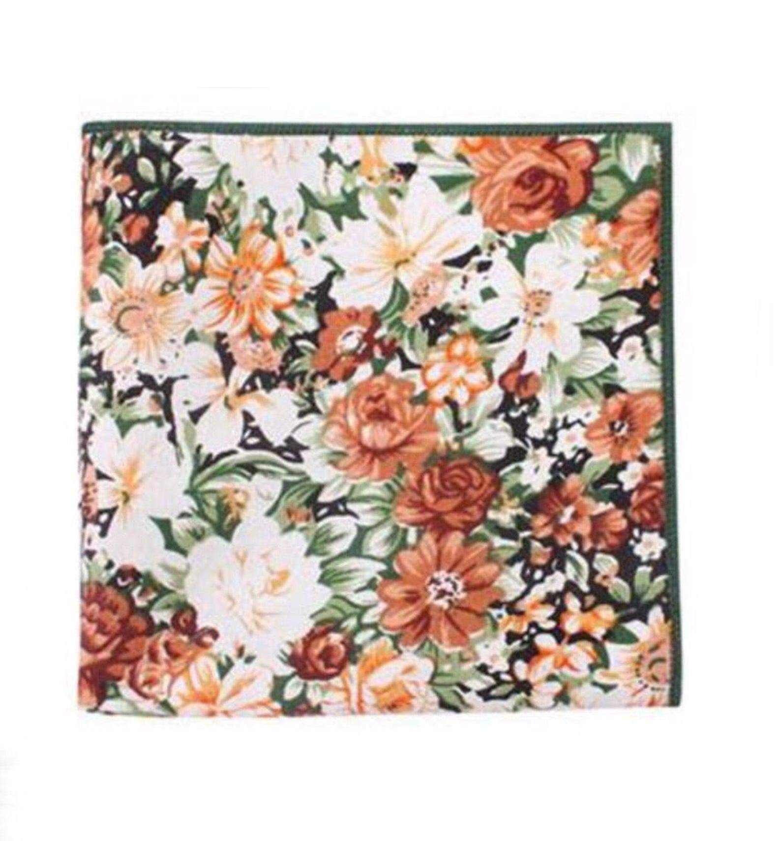 Orange Floral Pocket Square PEACH - MYTIESHOP | Orange Mytieshop Peach Floral Pocket Square Made from CottonItem Length: 23 cm ( 9 inches)Item Width : 22 cm (8.6 inches) Background Color: Black Trim: GreenA dashing addition to any outfit. This pocket square is the perfect way to spruce up your suit for any formal event. With a bright and colorful orange floral print, it&#39;ll add some personality to your look. Whether you&#39;re dressing up for a wedding or just accenting your everyday style, this pock
