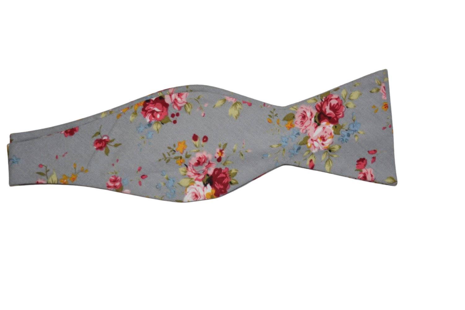 Self Tie Bow Tie Mytieshop - RAIN-Gray Floral Bow Tie 100% Cotton Flannel Handmade Adjustable to fit most neck sizes 13 3/4" - 18" Base: Gray / Grey Great for: Groom Groomsmen Wedding Shoots Formal Prom Fancy Parties Gifts and presents-Mytieshop