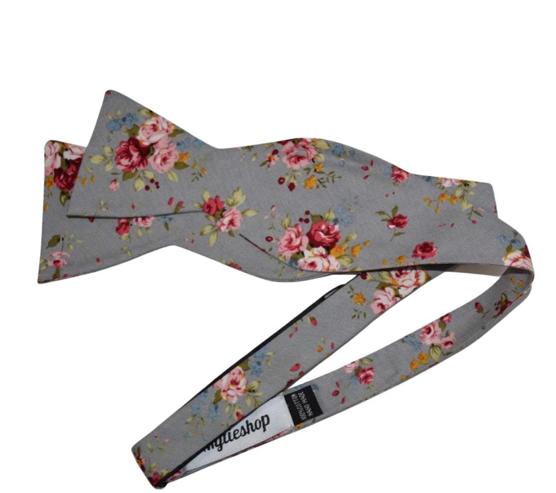 Self Tie Bow Tie Mytieshop - RAIN-Gray Floral Bow Tie 100% Cotton Flannel Handmade Adjustable to fit most neck sizes 13 3/4&quot; - 18&quot; Base: Gray / Grey Great for: Groom Groomsmen Wedding Shoots Formal Prom Fancy Parties Gifts and presents-Mytieshop