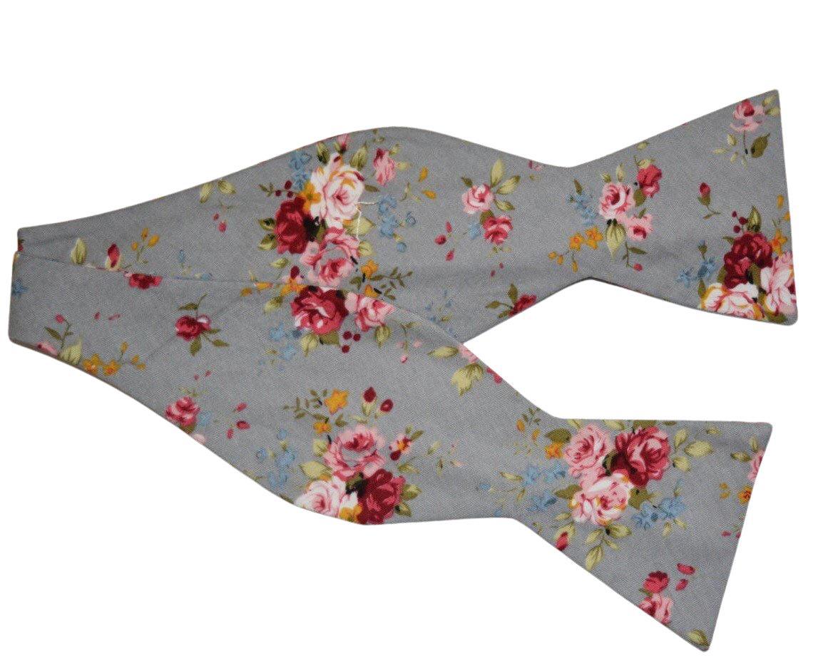 Self Tie Bow Tie Mytieshop - RAIN-Gray Floral Bow Tie 100% Cotton Flannel Handmade Adjustable to fit most neck sizes 13 3/4" - 18" Base: Gray / Grey Great for: Groom Groomsmen Wedding Shoots Formal Prom Fancy Parties Gifts and presents-Mytieshop