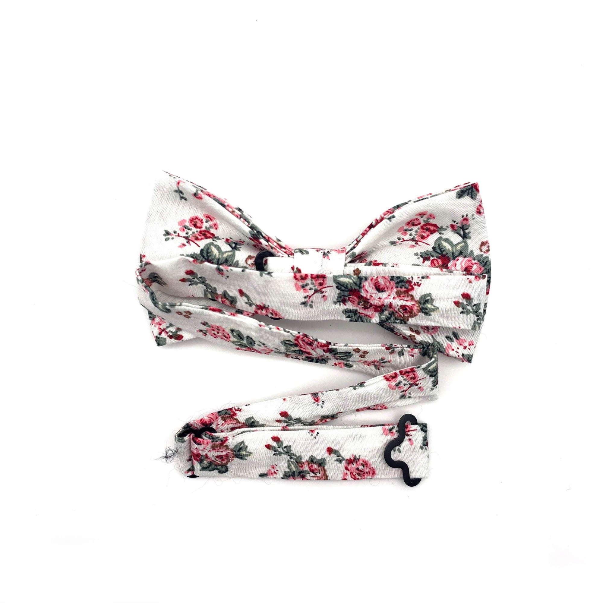 White Floral Bow Tie with Pink Flowers for Men (ABDIEL)-White Floral Bow Tie (Pre-tied) 100% Cotton Flannel Handmade Adjustable to fit most neck sizes 13 3/4" - 18" Color: White Great for Prom Dinners Interviews Photo shoots Photo sessions Dates Groom to stand out between his Groomsmen pair them up with neckties while he wears the Floral bow tie. Floral bow tie for weddings and events. Great anniversary present and gift. Also great gift for the groom and his groomsmen to wear at the wedding, and