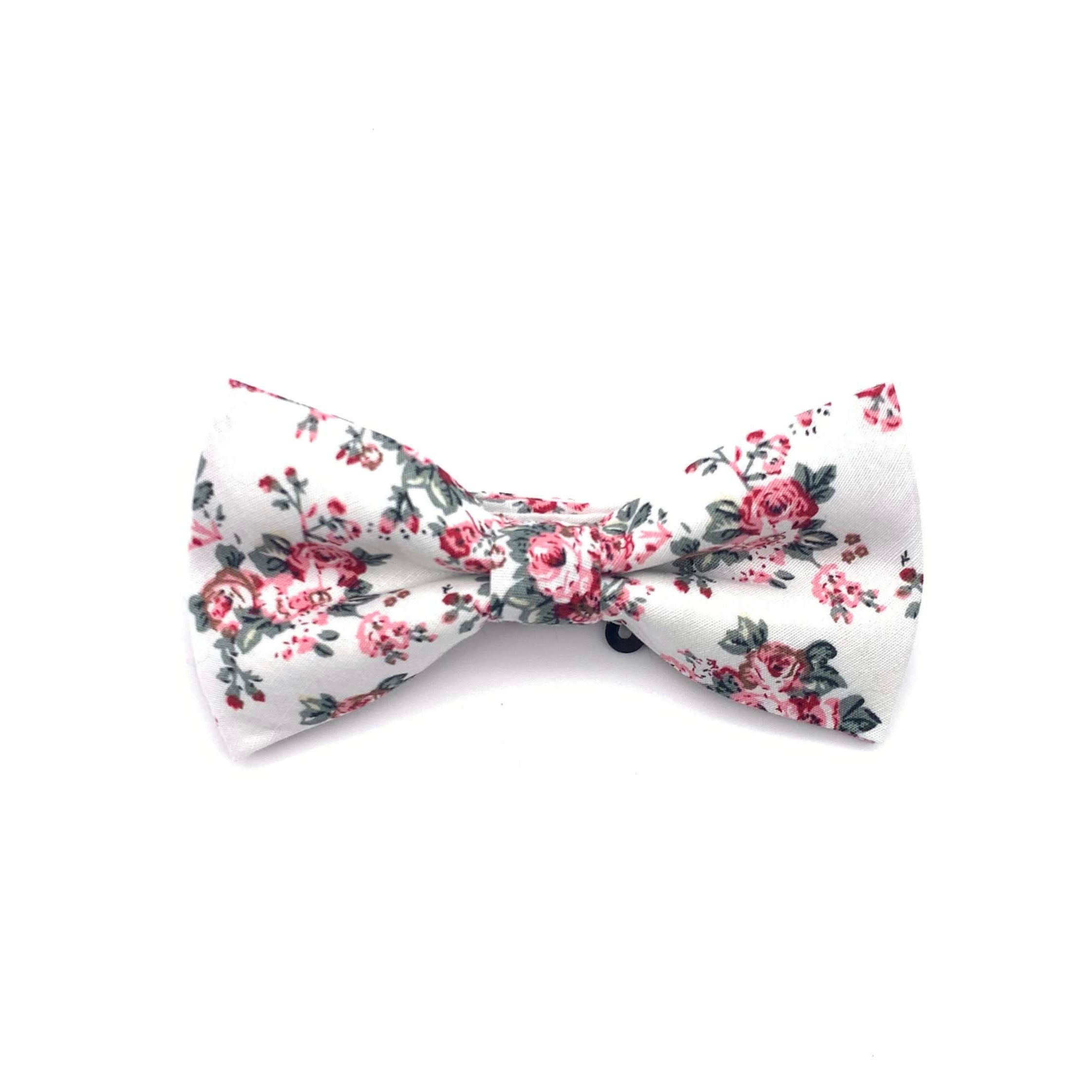 White Floral Bow Tie with Pink Flowers for Men (ABDIEL)-White Floral Bow Tie (Pre-tied) 100% Cotton Flannel Handmade Adjustable to fit most neck sizes 13 3/4&quot; - 18&quot; Color: White Great for Prom Dinners Interviews Photo shoots Photo sessions Dates Groom to stand out between his Groomsmen pair them up with neckties while he wears the Floral bow tie. Floral bow tie for weddings and events. Great anniversary present and gift. Also great gift for the groom and his groomsmen to wear at the wedding, and